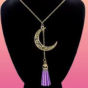 Celestial Moon Necklace with Purple Tassels